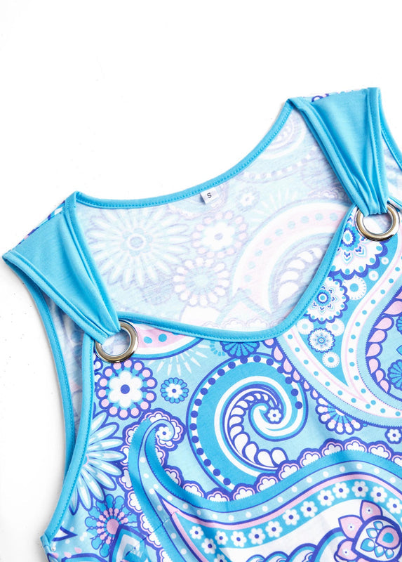 Alisa Light Blue Eyelet Tribal Print A Line Sleeveless Dress