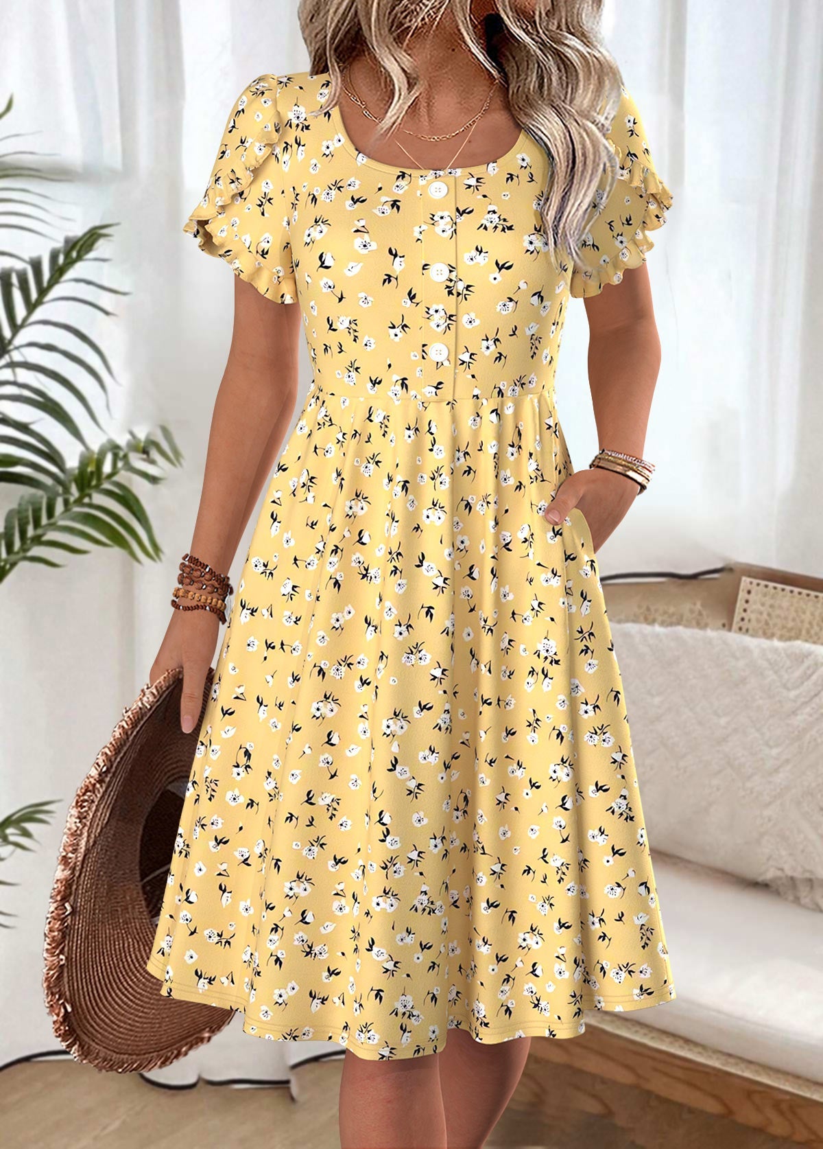 Anabel Yellow Ditsy Floral Print Short Sleeve Boat Neck Dress