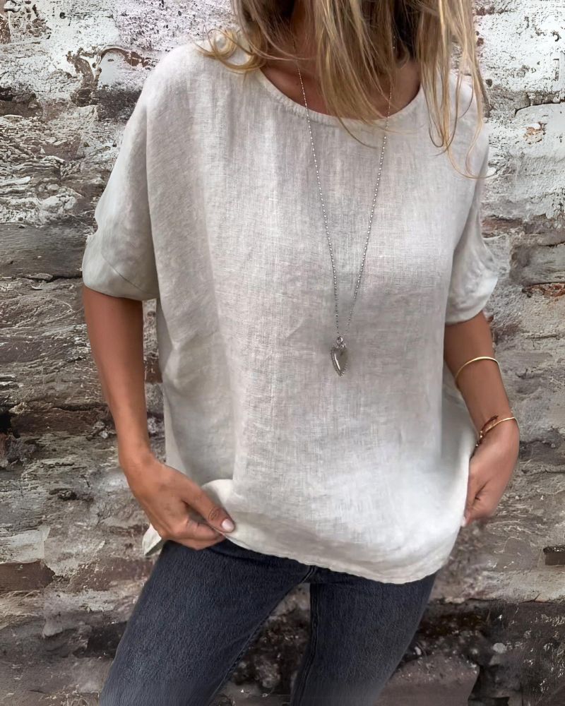 LARA - Round Neck Cotton And Linen T-Shirt