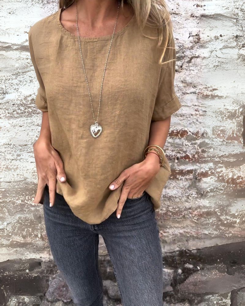 LARA - Round Neck Cotton And Linen T-Shirt