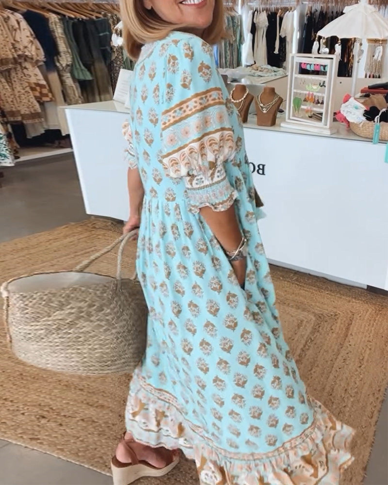 Rue - Casual Printed V-neck Half Sleeve Dress