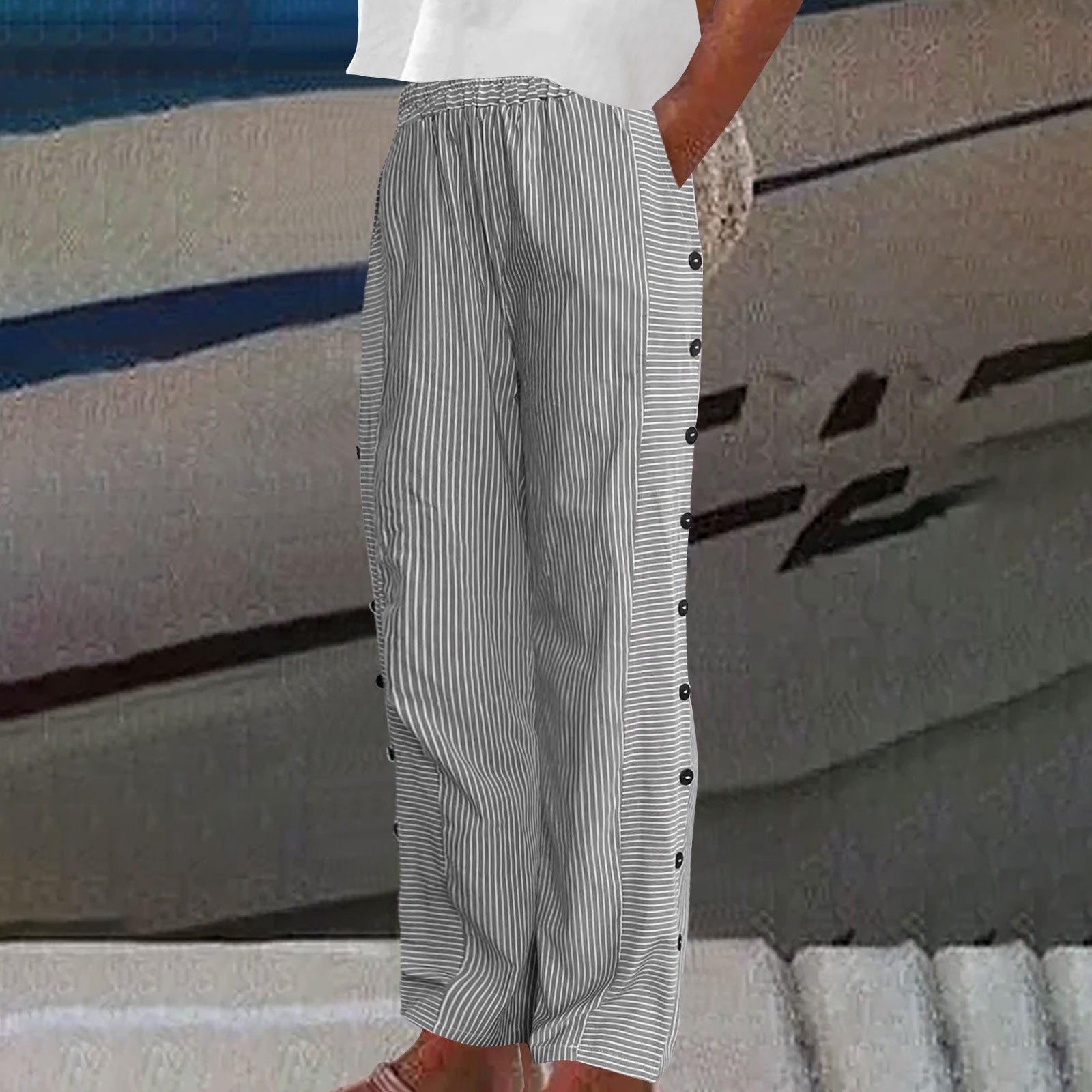 Sera Striped Button-Accent Pants