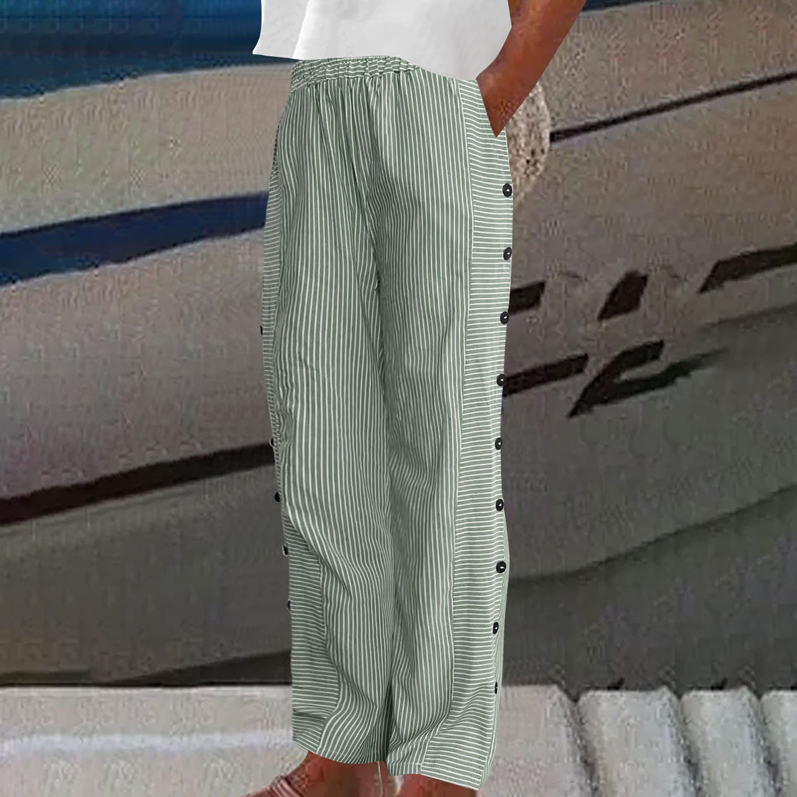 Sera Striped Button-Accent Pants