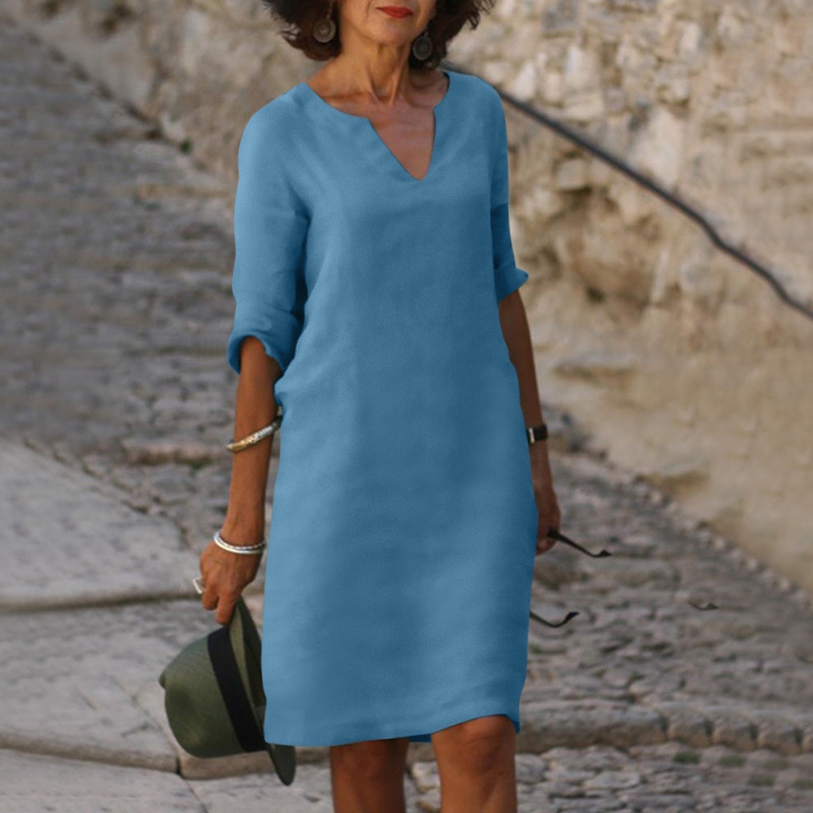 Elegant Linen Summer Dress with V-Neck
