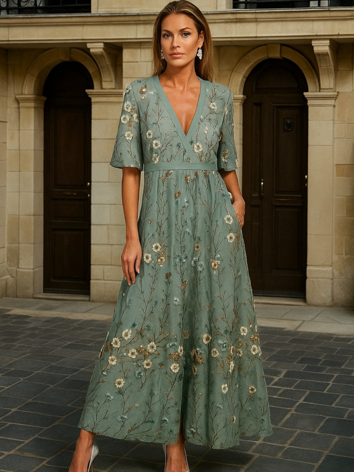 Hazel - Elegant V-Neck Belted Boho Dress