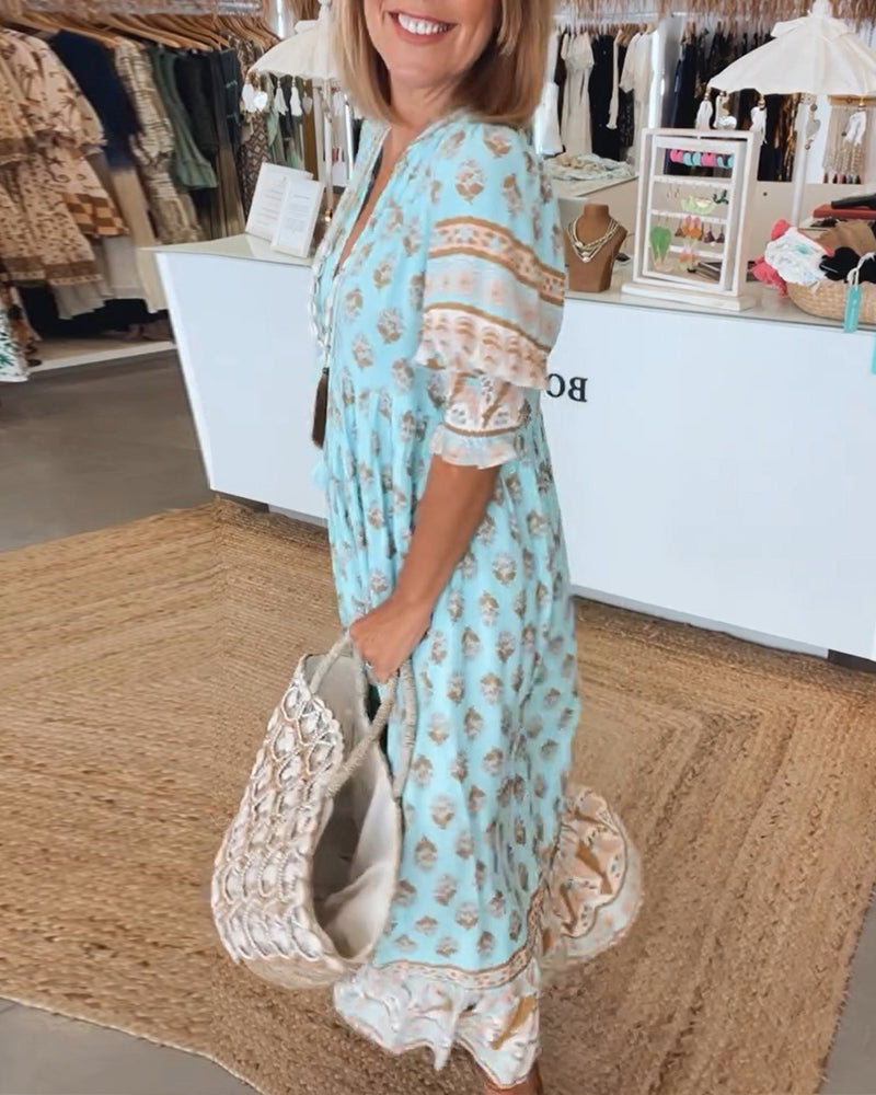 Rue - Casual Printed V-neck Half Sleeve Dress
