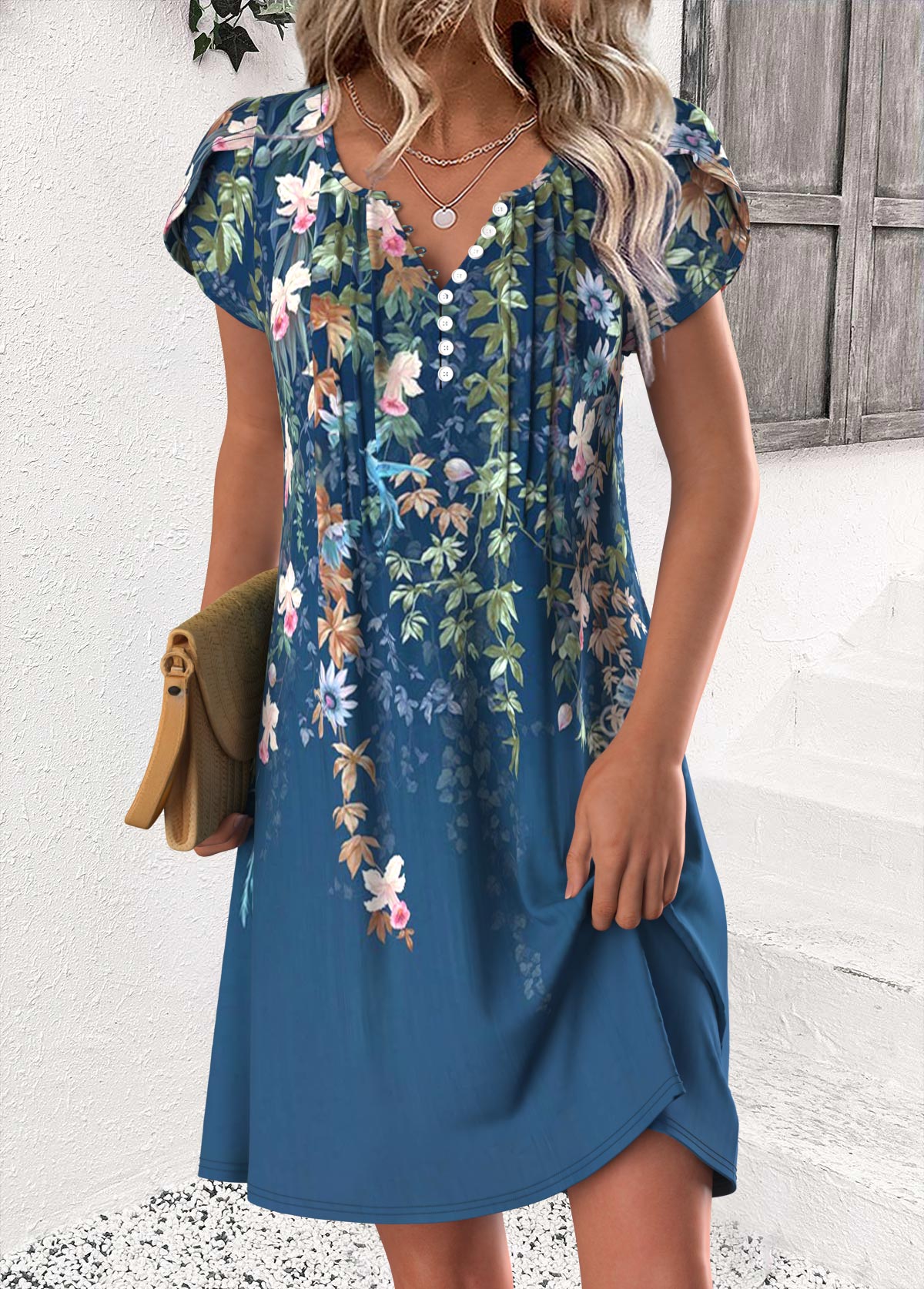 Luna Multi Color Floral Print Short Split Neck Dress