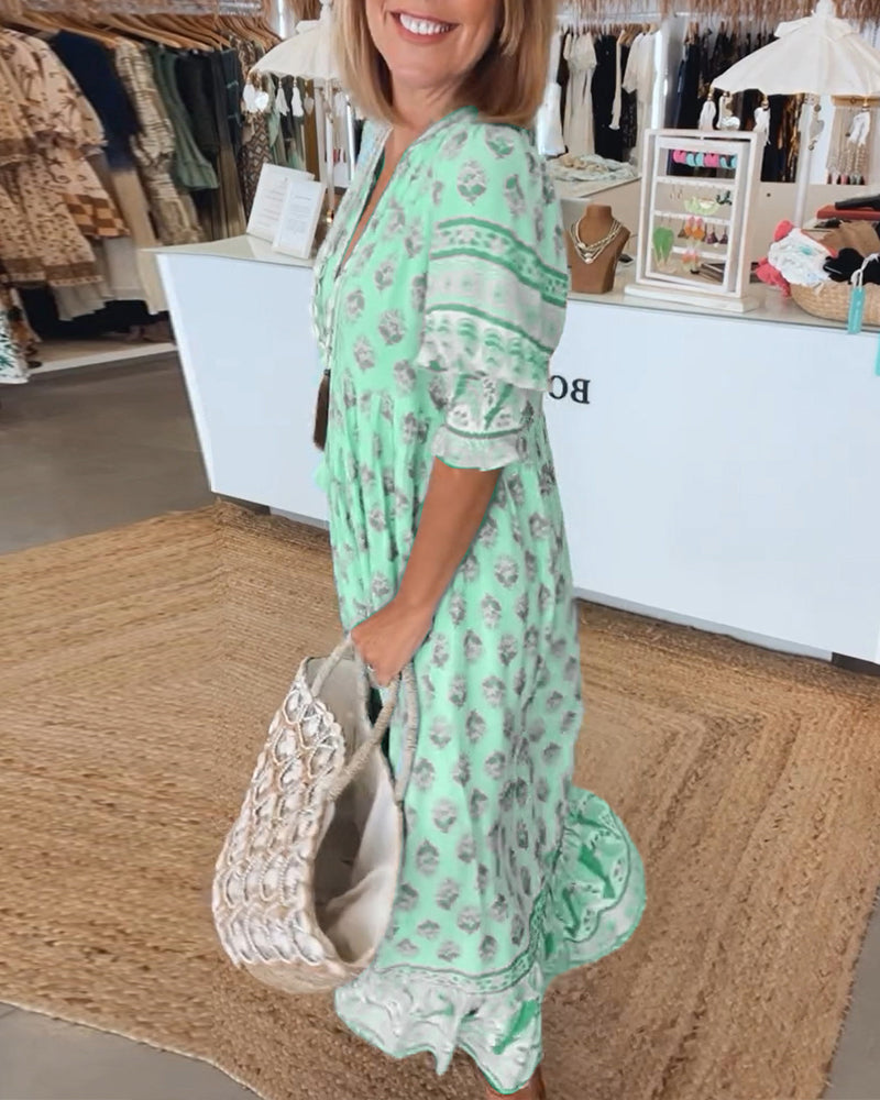 Rue - Casual Printed V-neck Half Sleeve Dress
