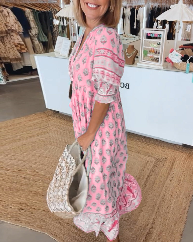 Rue - Casual Printed V-neck Half Sleeve Dress