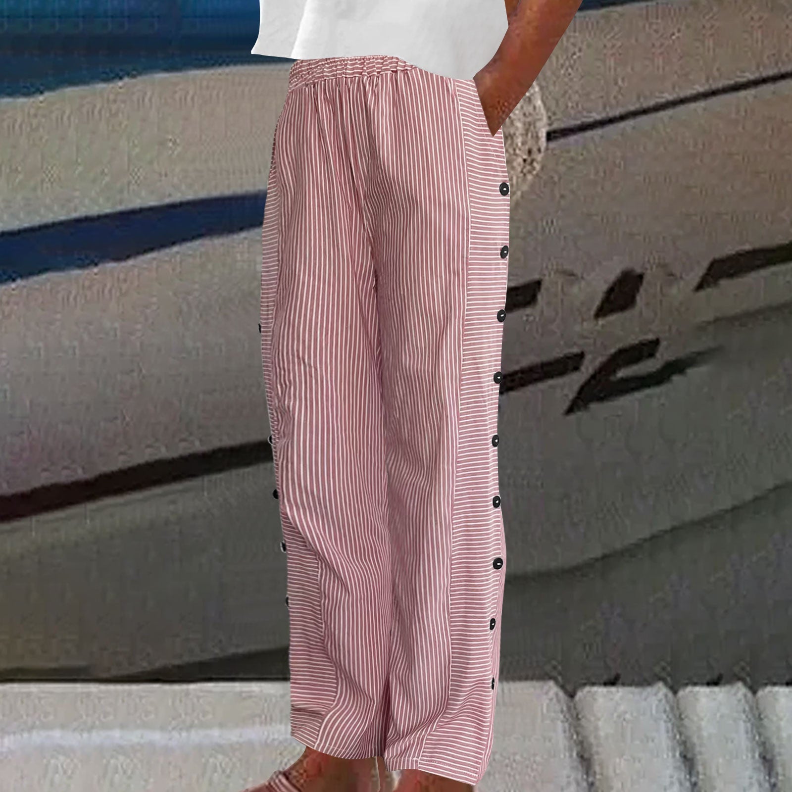 Sera Striped Button-Accent Pants