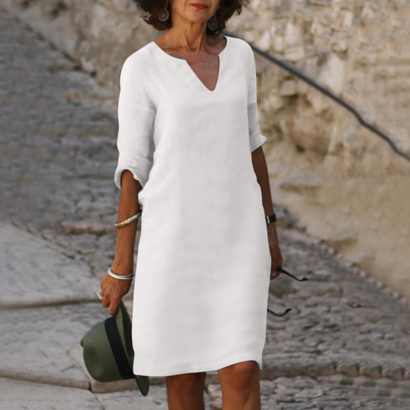 Elegant Linen Summer Dress with V-Neck