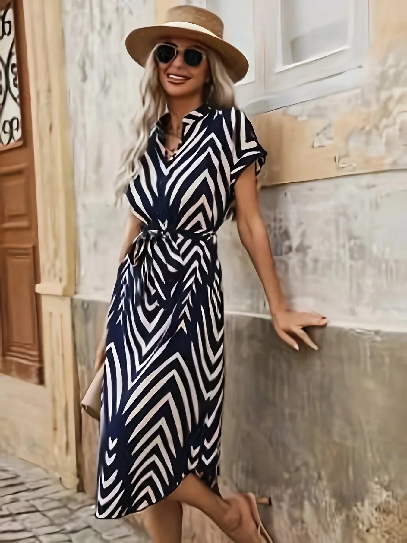 Elly | Geometric Print Dress with Tie Belt