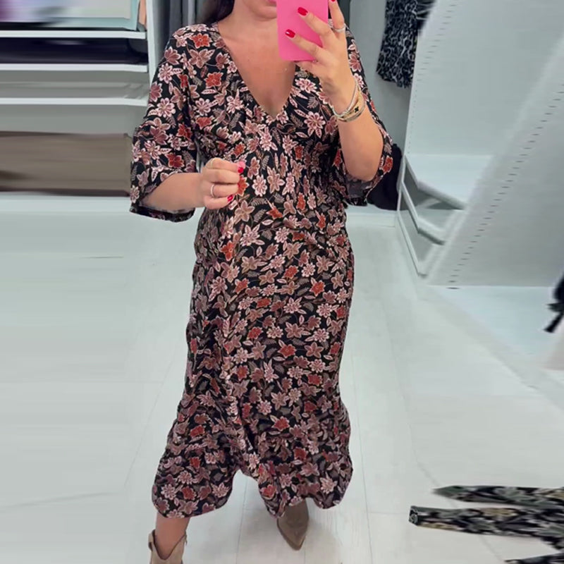 Anne | V-neck Printed Maxi Dress with 3/4 Sleeves